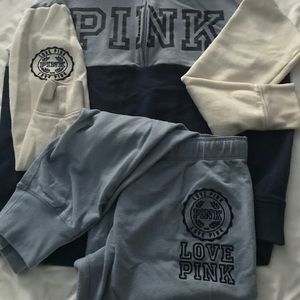 PINK brand sweatshirt and campus pants.
